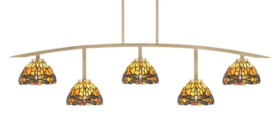 Kurve 5-Light Island Chandelier in New Age Brass with Amber Dragonfly Glass - Image 1