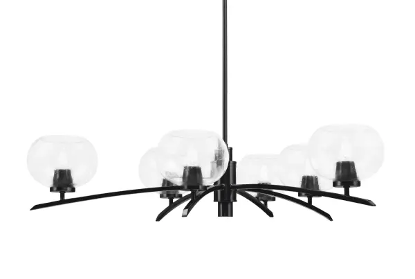 The Kurve 6-Light Chandelier combines contemporary design with industrial flair. Its matte black finish and clear bubble glass shades create visual interest while providing ample illumination for dining and living spaces.