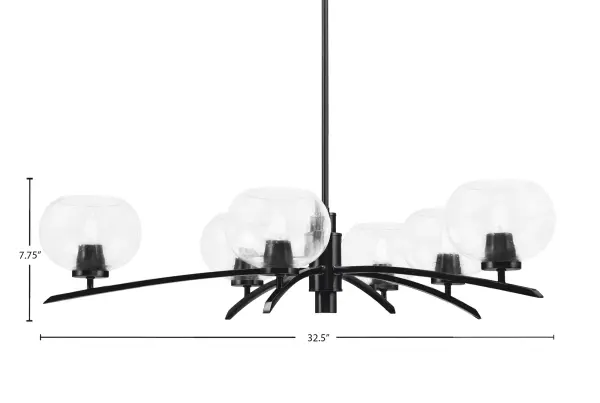 The Kurve 6-Light Chandelier combines contemporary design with industrial flair. Its matte black finish and clear bubble glass shades create visual interest while providing ample illumination for dining and living spaces. - alternate view