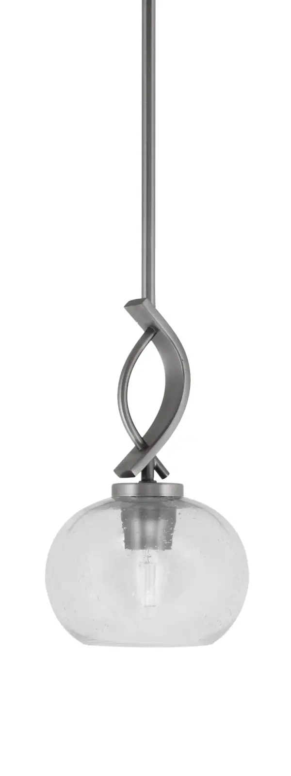 The Cavella mini pendant combines contemporary style with artisanal glass craftsmanship. Its 7-inch clear bubble glass shade creates visual interest while the graphite finish adds modern sophistication. Perfect for task lighting over islands or creating ambient lighting in dining spaces.