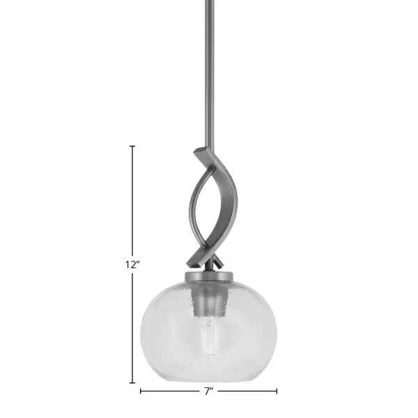 The Cavella mini pendant combines contemporary style with artisanal glass craftsmanship. Its 7-inch clear bubble glass shade creates visual interest while the graphite finish adds modern sophistication. Perfect for task lighting over islands or creating ambient lighting in dining spaces. - alternate view