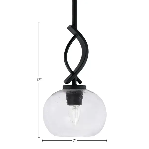 The Cavella mini pendant combines industrial styling with artisanal glass craftsmanship. Its 7-inch clear bubble glass shade and matte black finish create visual interest in compact spaces while the adjustable stem allows customization. - alternate view