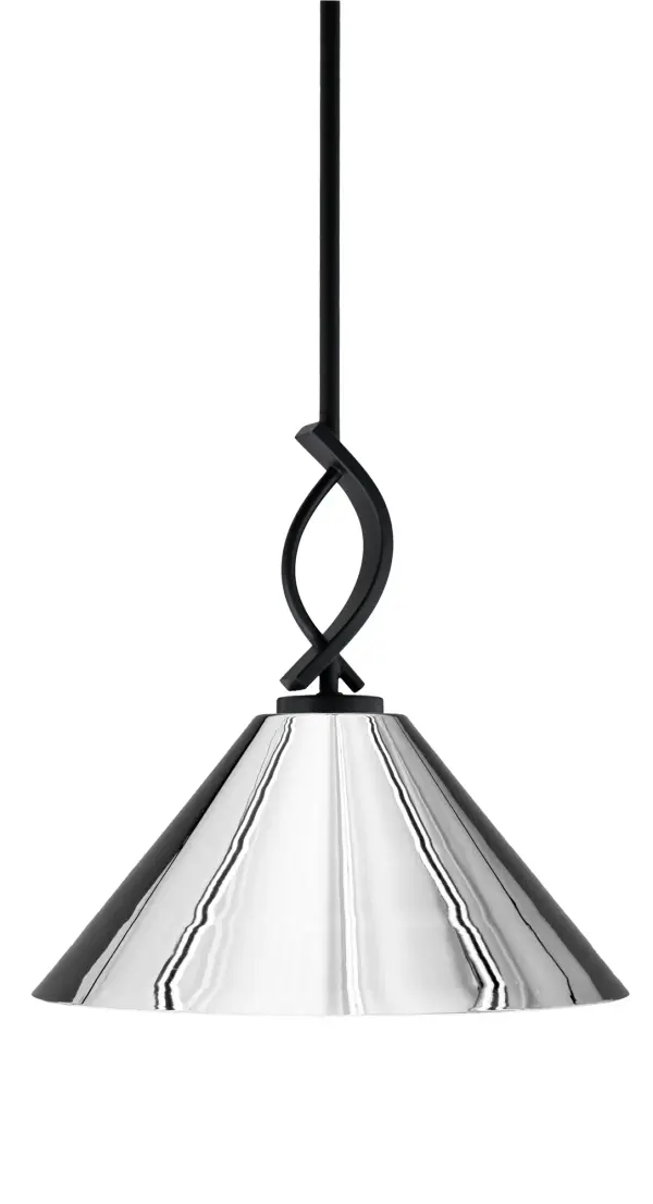 The Cavella Mini Pendant combines matte black sophistication with a striking chrome cone shade. Its adjustable stem system and compact 14" diameter make it perfect for kitchen islands, dining nooks, or office spaces.