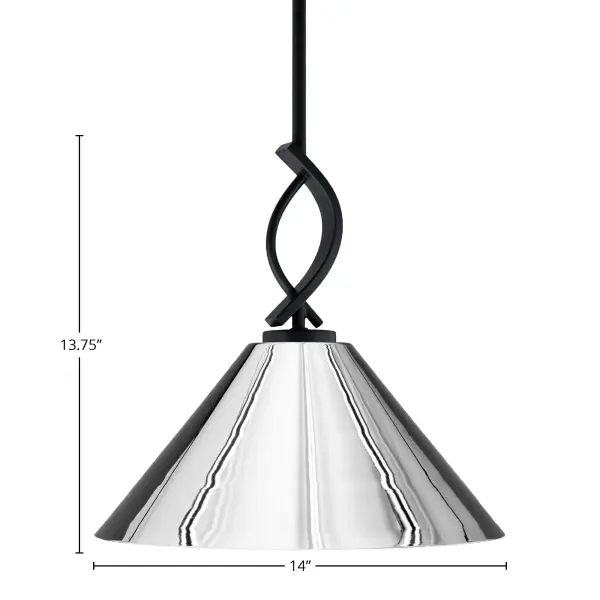 The Cavella Mini Pendant combines matte black sophistication with a striking chrome cone shade. Its adjustable stem system and compact 14" diameter make it perfect for kitchen islands, dining nooks, or office spaces. - alternate view