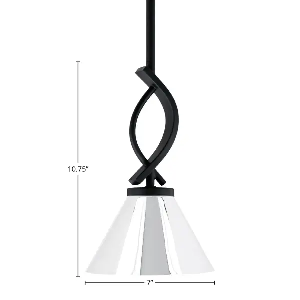 The Cavella Mini Pendant combines matte black sophistication with a striking chrome cone shade. Its compact 7-inch width makes it ideal for task lighting or clustered installations, while adjustable stem sections offer versatile hanging heights. - alternate view