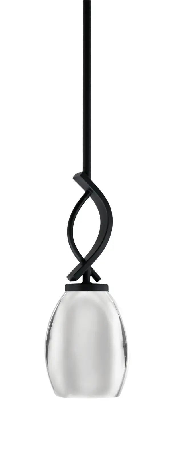The Cavella mini pendant combines matte black sophistication with a distinctive chrome oval shade. Its compact 5-inch width and adjustable hanging height make it ideal for task lighting or accent illumination in smaller areas.