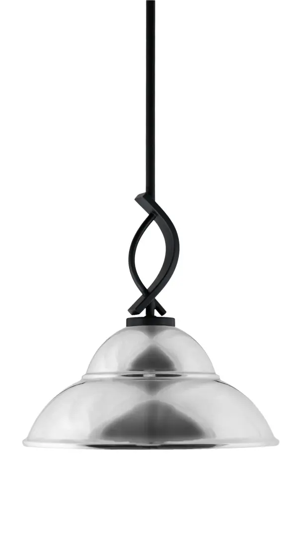 The Cavella mini pendant combines matte black sophistication with a distinctive 13" chrome double bubble shade. Its adjustable stem system and hang straight swivel make it versatile for various ceiling heights and slopes.