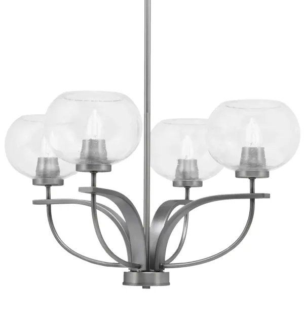 The Cavella chandelier combines contemporary design with industrial flair, featuring four uplights with unique clear bubble glass shades. The graphite finish adds sophistication while the adjustable hanging height offers versatility.