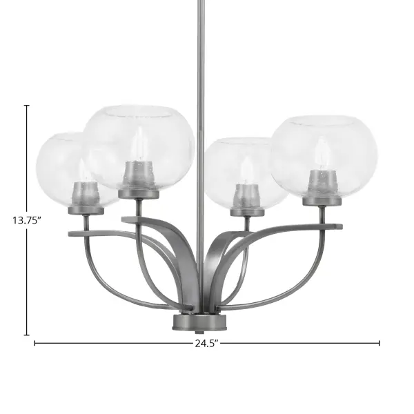 The Cavella chandelier combines contemporary design with industrial flair, featuring four uplights with unique clear bubble glass shades. The graphite finish adds sophistication while the adjustable hanging height offers versatility. - alternate view