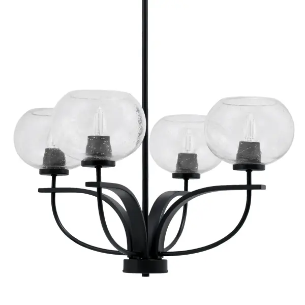 The Cavella 4-Light Chandelier combines contemporary matte black finish with distinctive clear bubble glass shades, creating visual interest and warm ambient lighting. Its adjustable height and sloped ceiling compatibility make it versatile for various spaces.