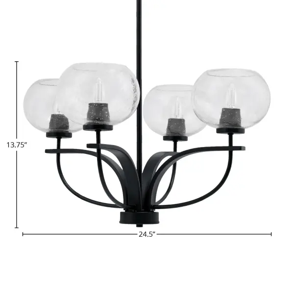 The Cavella 4-Light Chandelier combines contemporary matte black finish with distinctive clear bubble glass shades, creating visual interest and warm ambient lighting. Its adjustable height and sloped ceiling compatibility make it versatile for various spaces. - alternate view