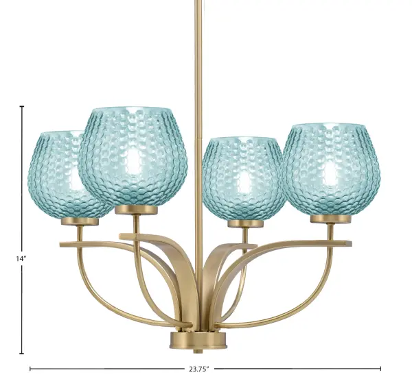The Cavella chandelier combines warm New Age brass with striking turquoise textured glass shades, creating a sophisticated focal point. Its adjustable height and uplight design make it versatile for various ceiling heights and room sizes. - alternate view