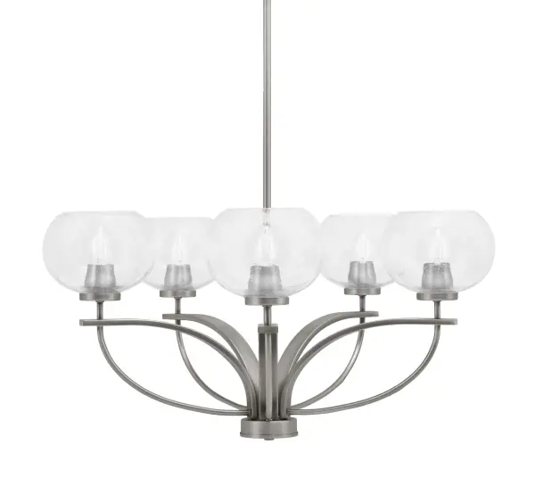 The Cavella 5-Light Chandelier combines contemporary industrial design with elegant bubble glass shades. Its graphite finish and uplight configuration create ambient illumination perfect for dining and living spaces.