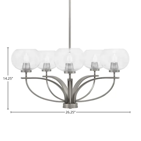 The Cavella 5-Light Chandelier combines contemporary industrial design with elegant bubble glass shades. Its graphite finish and uplight configuration create ambient illumination perfect for dining and living spaces. - alternate view