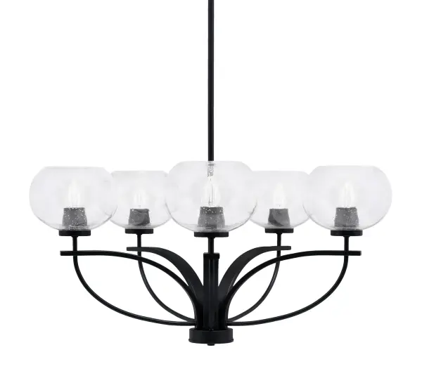 The Cavella chandelier combines contemporary matte black styling with distinctive clear bubble glass shades for a sophisticated lighting statement. Its uplight design and adjustable height make it adaptable to various ceiling heights and room sizes.