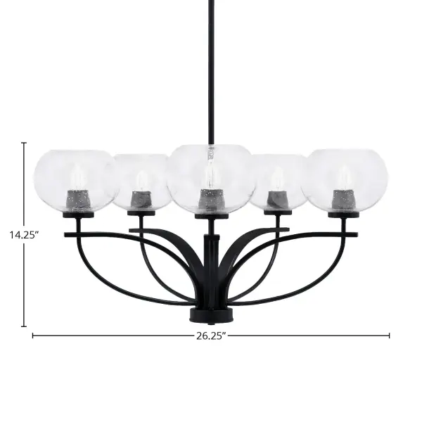 The Cavella chandelier combines contemporary matte black styling with distinctive clear bubble glass shades for a sophisticated lighting statement. Its uplight design and adjustable height make it adaptable to various ceiling heights and room sizes. - alternate view