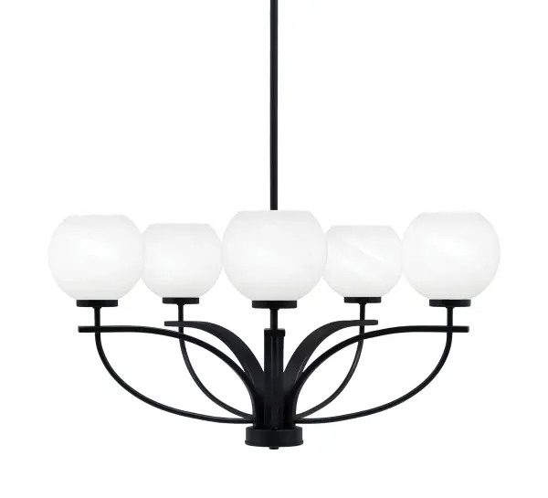 The Cavella chandelier combines a striking matte black finish with soft white marble glass shades to create warm, diffused lighting. Its 25-inch width makes it perfect for medium-sized spaces, while adjustable hanging height accommodates various ceiling configurations.