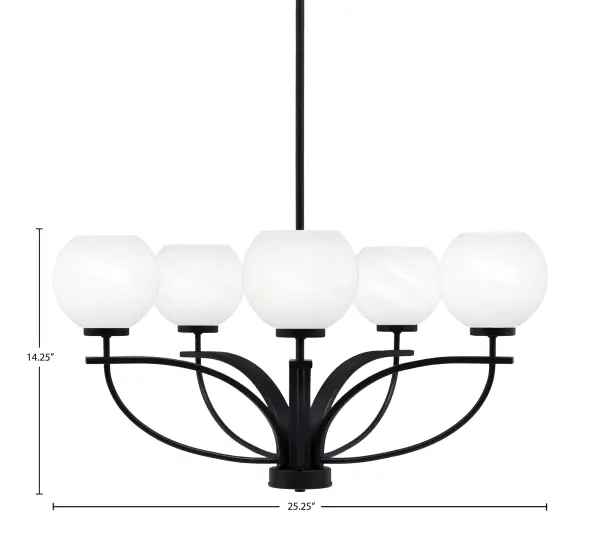 The Cavella chandelier combines a striking matte black finish with soft white marble glass shades to create warm, diffused lighting. Its 25-inch width makes it perfect for medium-sized spaces, while adjustable hanging height accommodates various ceiling configurations. - alternate view