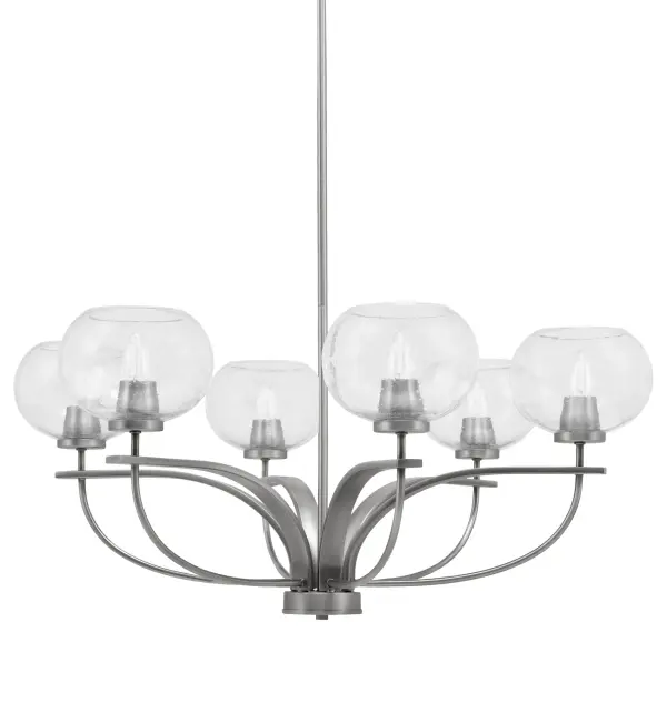 The Cavella 6-Light Chandelier combines a sophisticated graphite finish with distinctive clear bubble glass shades, creating a stunning focal point. Its generous 32.75-inch width and adjustable height make it versatile for various ceiling heights.