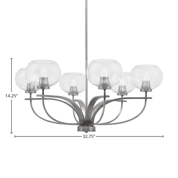 The Cavella 6-Light Chandelier combines a sophisticated graphite finish with distinctive clear bubble glass shades, creating a stunning focal point. Its generous 32.75-inch width and adjustable height make it versatile for various ceiling heights. - alternate view