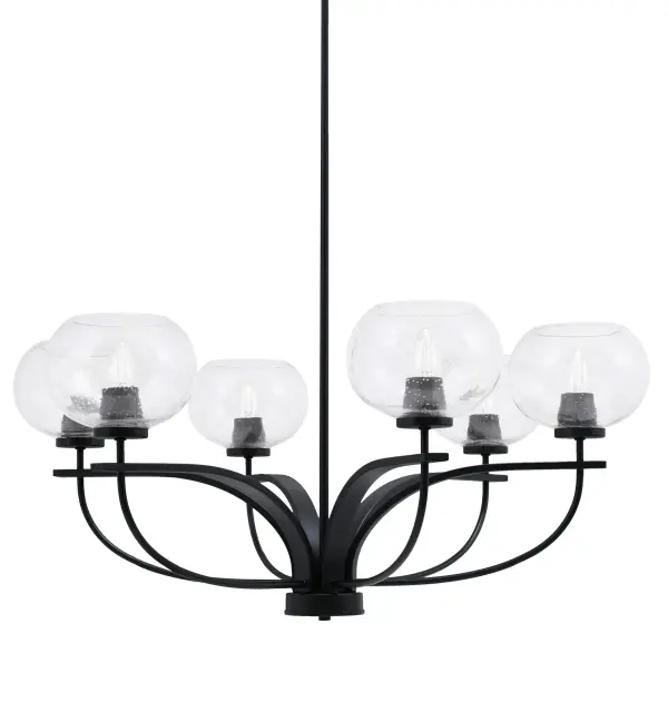 The Cavella 6-Light Chandelier combines contemporary style with functional design. Featuring distinctive clear bubble glass shades and a sleek matte black finish, this fixture provides ample illumination while serving as a striking focal point.