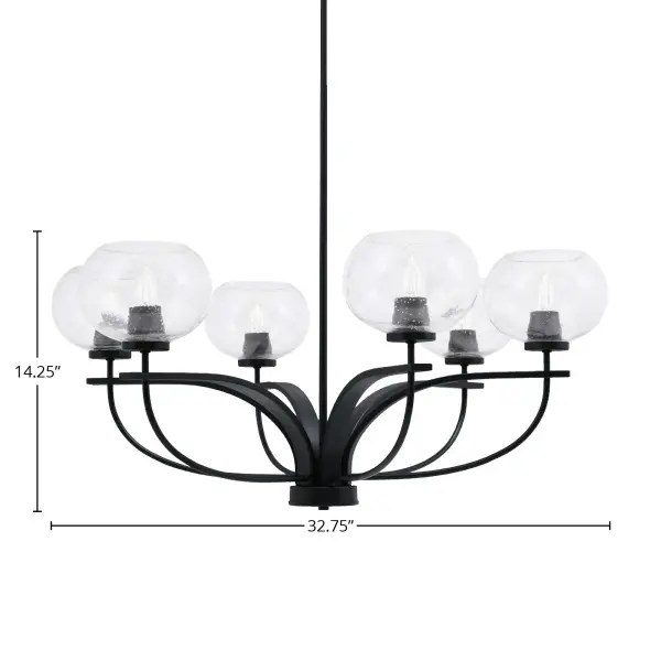 The Cavella 6-Light Chandelier combines contemporary style with functional design. Featuring distinctive clear bubble glass shades and a sleek matte black finish, this fixture provides ample illumination while serving as a striking focal point. - alternate view