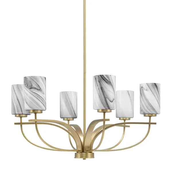 The Cavella 6-Light Chandelier combines modern elegance with functional design, featuring a New Age Brass finish and distinctive Onyx Swirl glass shades. Its generous 30.25" width makes it ideal for larger spaces.