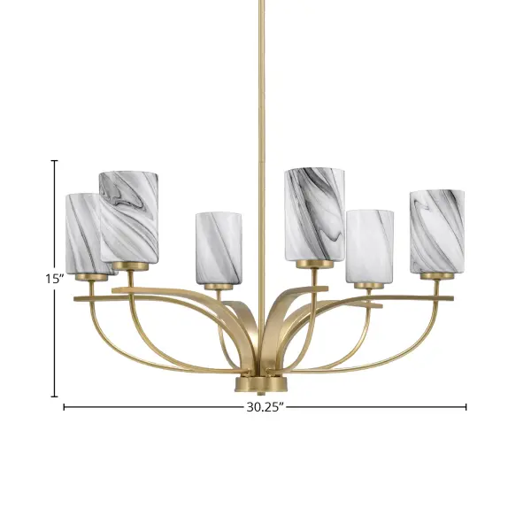 The Cavella 6-Light Chandelier combines modern elegance with functional design, featuring a New Age Brass finish and distinctive Onyx Swirl glass shades. Its generous 30.25" width makes it ideal for larger spaces. - alternate view