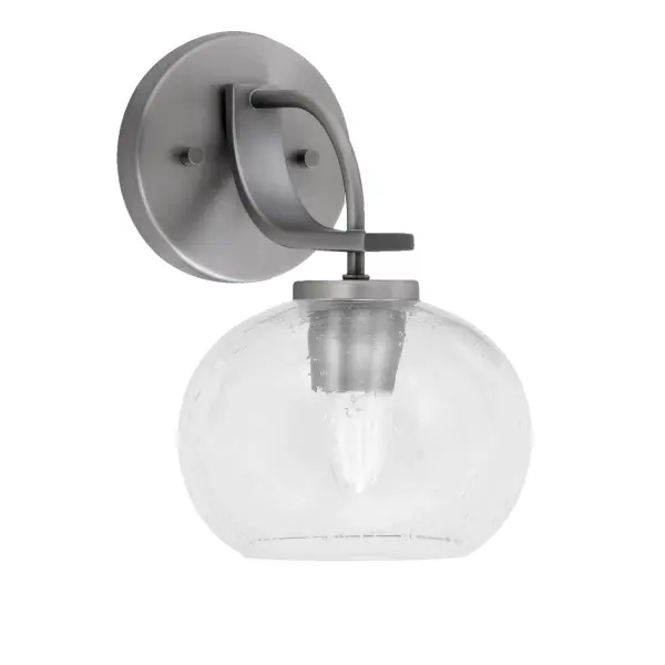 The Cavella Wall Sconce combines contemporary style with practical functionality. Its graphite finish and distinctive bubble glass shade create visual interest while providing warm ambient lighting for any space.