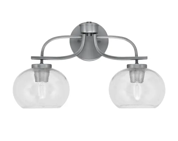 The Cavella 2-Light Bath Bar combines contemporary style with functional design, featuring a sophisticated graphite finish and unique 7-inch clear bubble glass shades that add textural interest and modern appeal to any bathroom.