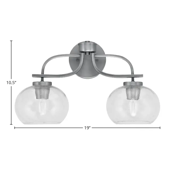 The Cavella 2-Light Bath Bar combines contemporary style with functional design, featuring a sophisticated graphite finish and unique 7-inch clear bubble glass shades that add textural interest and modern appeal to any bathroom. - alternate view