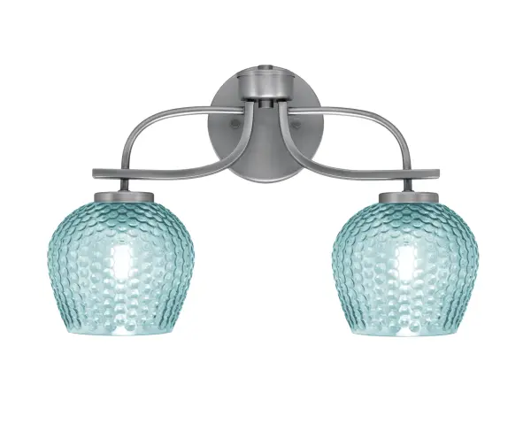 The Cavella 2-Light Bath Bar combines modern sophistication with coastal charm. Its graphite finish and vibrant turquoise textured glass shades create a stunning visual contrast while diffusing light beautifully.
