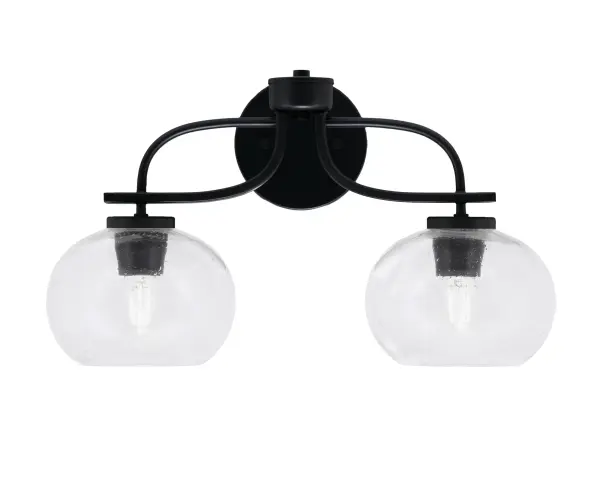 The Cavella 2-Light Bath Bar combines contemporary matte black styling with unique clear bubble glass shades. At 19 inches wide, it's perfectly sized for standard vanities while the textured glass creates beautiful light diffusion.