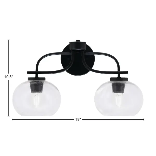 The Cavella 2-Light Bath Bar combines contemporary matte black styling with unique clear bubble glass shades. At 19 inches wide, it's perfectly sized for standard vanities while the textured glass creates beautiful light diffusion. - alternate view