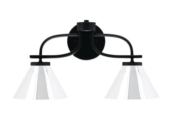 The Cavella 2-Light Bath Bar combines sleek matte black finish with polished chrome cone shades for a contemporary look. Perfect for modern bathrooms, this versatile fixture provides excellent task lighting with adjustable up or down mounting.