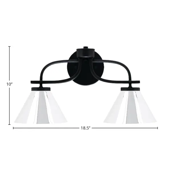 The Cavella 2-Light Bath Bar combines sleek matte black finish with polished chrome cone shades for a contemporary look. Perfect for modern bathrooms, this versatile fixture provides excellent task lighting with adjustable up or down mounting. - alternate view