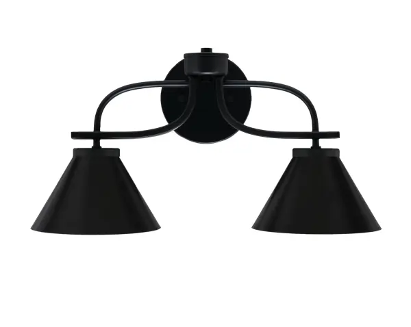 The Cavella 2 Light Bath Bar delivers sophisticated modern style with its matte black finish and cone metal shades. Perfect for contemporary bathrooms, this fixture provides excellent task lighting while adding architectural interest.