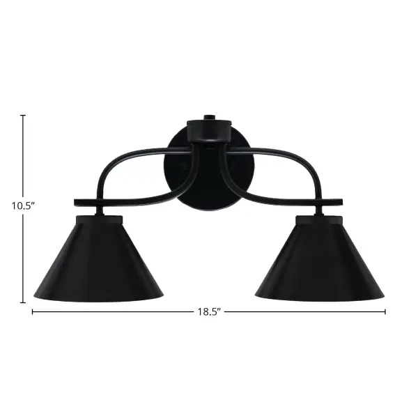 The Cavella 2 Light Bath Bar delivers sophisticated modern style with its matte black finish and cone metal shades. Perfect for contemporary bathrooms, this fixture provides excellent task lighting while adding architectural interest. - alternate view