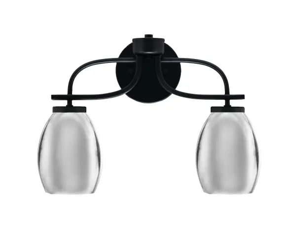 The Cavella 2 Light Bath Bar combines sleek matte black finish with eye-catching chrome oval shades for a contemporary look. Perfect for modern bathrooms, this versatile fixture mounts up or down and provides ample lighting.