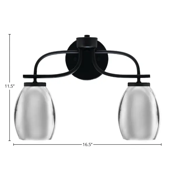 The Cavella 2 Light Bath Bar combines sleek matte black finish with eye-catching chrome oval shades for a contemporary look. Perfect for modern bathrooms, this versatile fixture mounts up or down and provides ample lighting. - alternate view