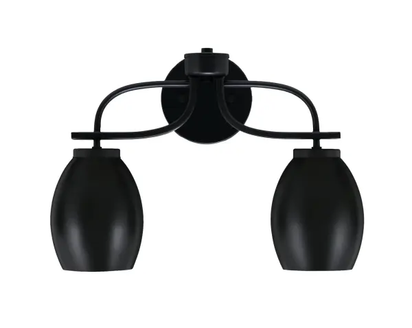 The Cavella 2 Light Bath Bar delivers contemporary style with its matte black finish and oval metal shades. Measuring 16.5" wide, it's perfectly sized for standard vanities while offering flexible up or down mounting.