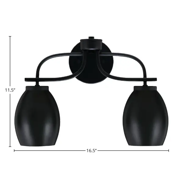 The Cavella 2 Light Bath Bar delivers contemporary style with its matte black finish and oval metal shades. Measuring 16.5" wide, it's perfectly sized for standard vanities while offering flexible up or down mounting. - alternate view