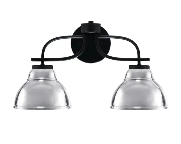 The Cavella 2-Light Bath Bar combines sleek matte black finish with eye-catching chrome double bubble shades for a contemporary look. Perfect for modern bathrooms, this versatile fixture can mount up or down and accommodates LED bulbs.