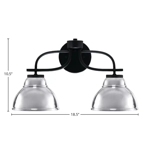 The Cavella 2-Light Bath Bar combines sleek matte black finish with eye-catching chrome double bubble shades for a contemporary look. Perfect for modern bathrooms, this versatile fixture can mount up or down and accommodates LED bulbs. - alternate view