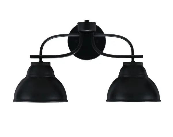 The Cavella 2 Light Bath Bar brings contemporary sophistication to bathroom lighting with its sleek matte black finish and unique double bubble metal shades. Perfect for modern and industrial-inspired spaces.