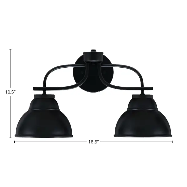 The Cavella 2 Light Bath Bar brings contemporary sophistication to bathroom lighting with its sleek matte black finish and unique double bubble metal shades. Perfect for modern and industrial-inspired spaces. - alternate view