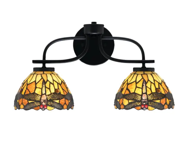 Cavella 2-Light Bath Bar in Matte Black with Amber Dragonfly Glass - Image 1