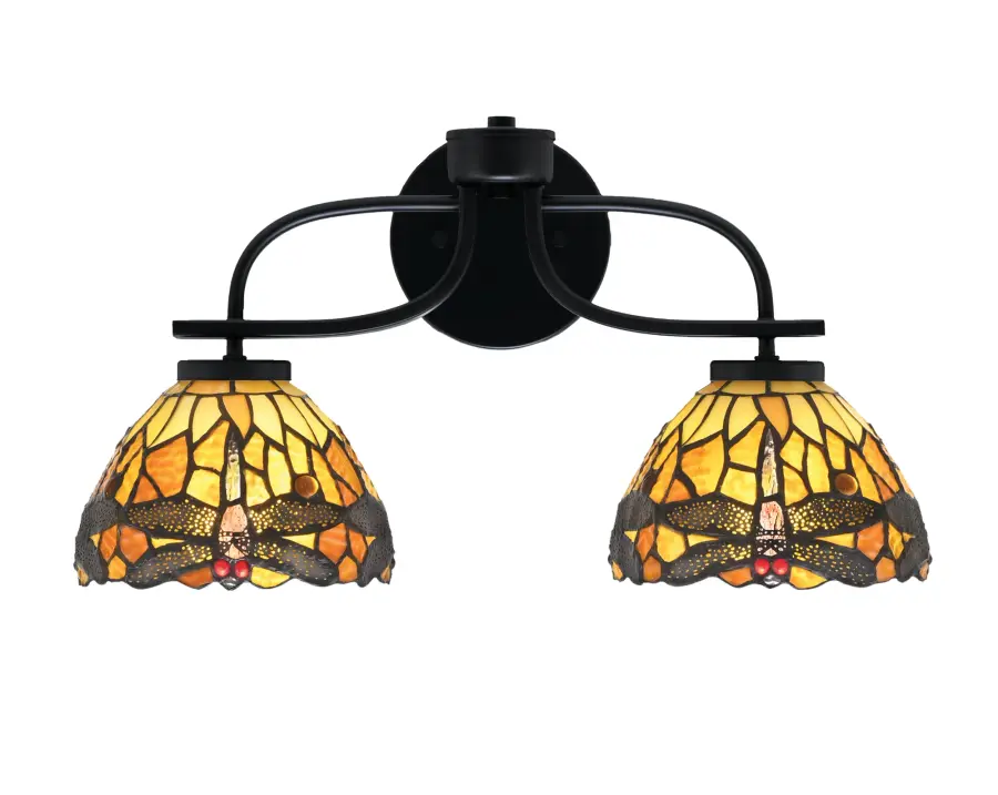 Cavella 2-Light Bath Bar in Matte Black with Amber Dragonfly Glass - Image 1