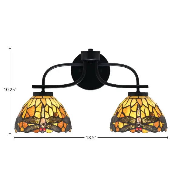 Cavella 2-Light Bath Bar in Matte Black with Amber Dragonfly Glass - Image 2