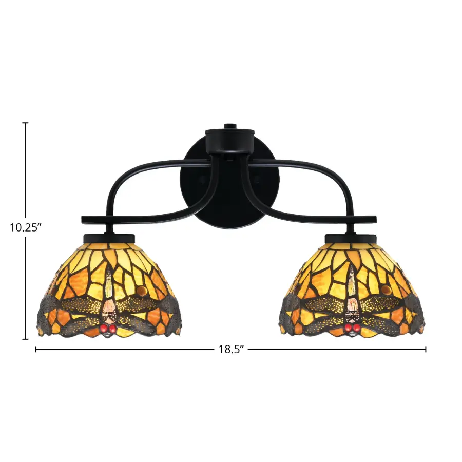 Cavella 2-Light Bath Bar in Matte Black with Amber Dragonfly Glass - Image 2